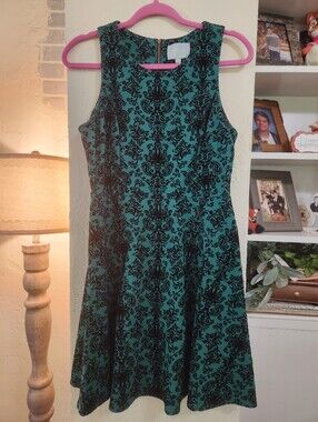Skies Are Blue Sleeveless Emerald Green Black Velvet Damask Dress Size Sm P2p 18